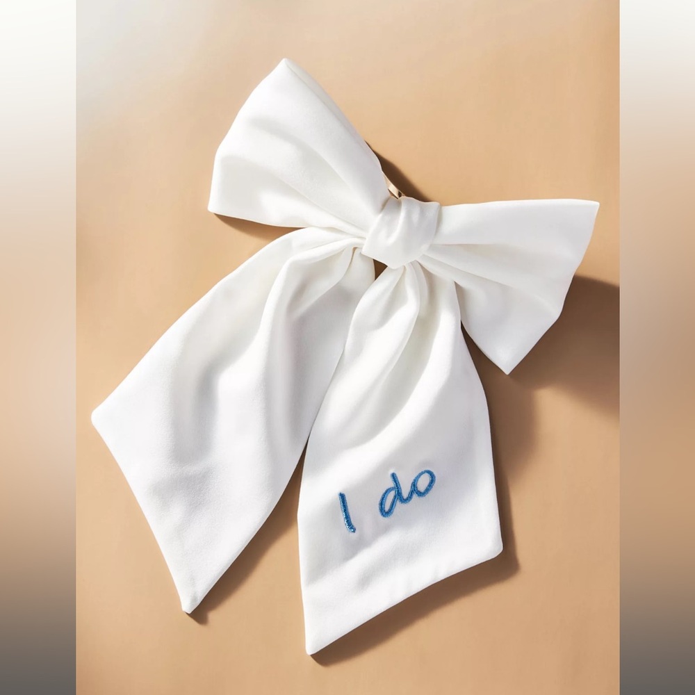 Anthropologie White Hair Bow with Blue Embroidery